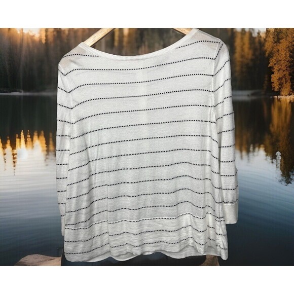 Halogen Sweater Cardigan Long Sleeve Button Back White Black Stripe Small Preppy - Picture 1 of 4